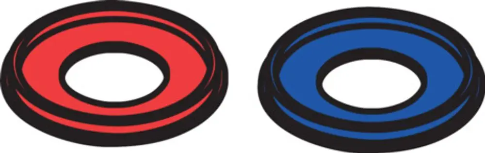 Zwei Gummi-O-Ringe in rot und blau mit schwarzem Rand, möglicherweise für Wasserarmaturen von AXOR. Sie haben zentrale Löcher und sind gleichmäßig geformt.